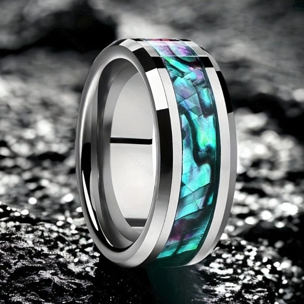 

8MM Colorful Abalone Shell Inlay Men Stainless Steel Rings Silver Color Wedding Band Jewelry Party Steel Ring Accessories Gift 7