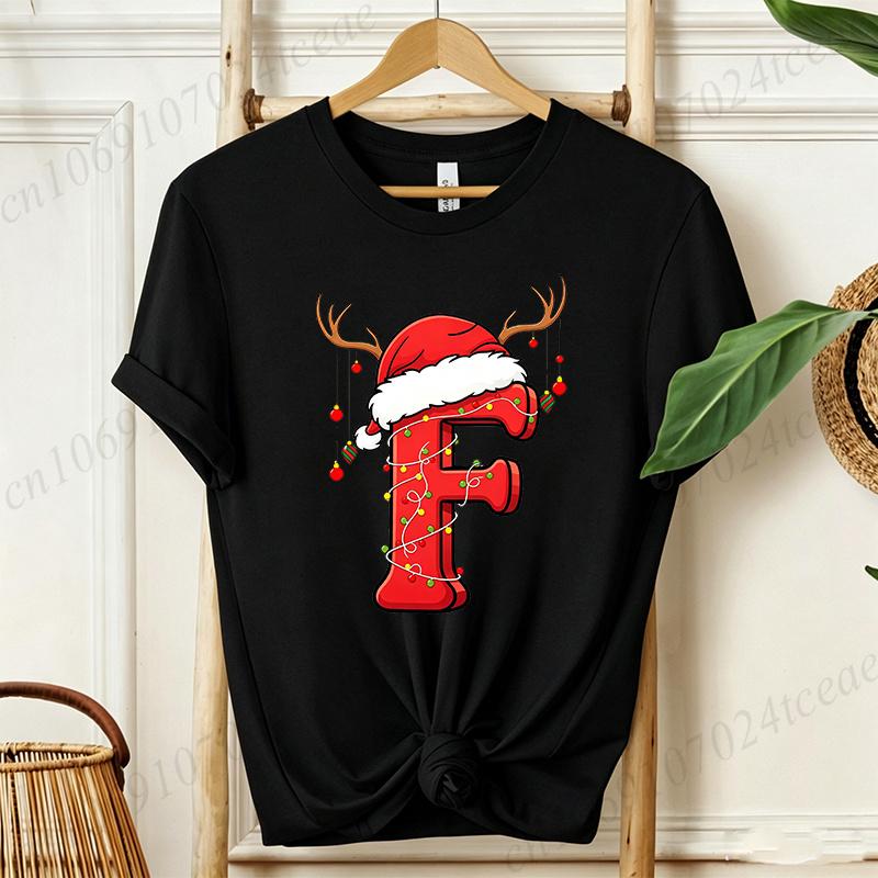 Cute Cartoon Xmas Initial A~Z Graphic T Shirts Christmas Reindeer Lights Print T-Shirts Holiday Party Family Matching Tshirts