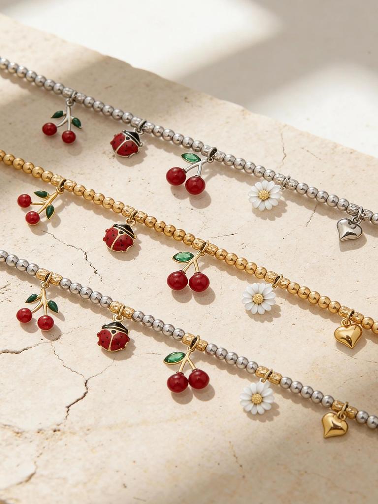 Two-Tone 18K Gold-Filled Stainless Steel Cherry Daisy Pendant Bracelet