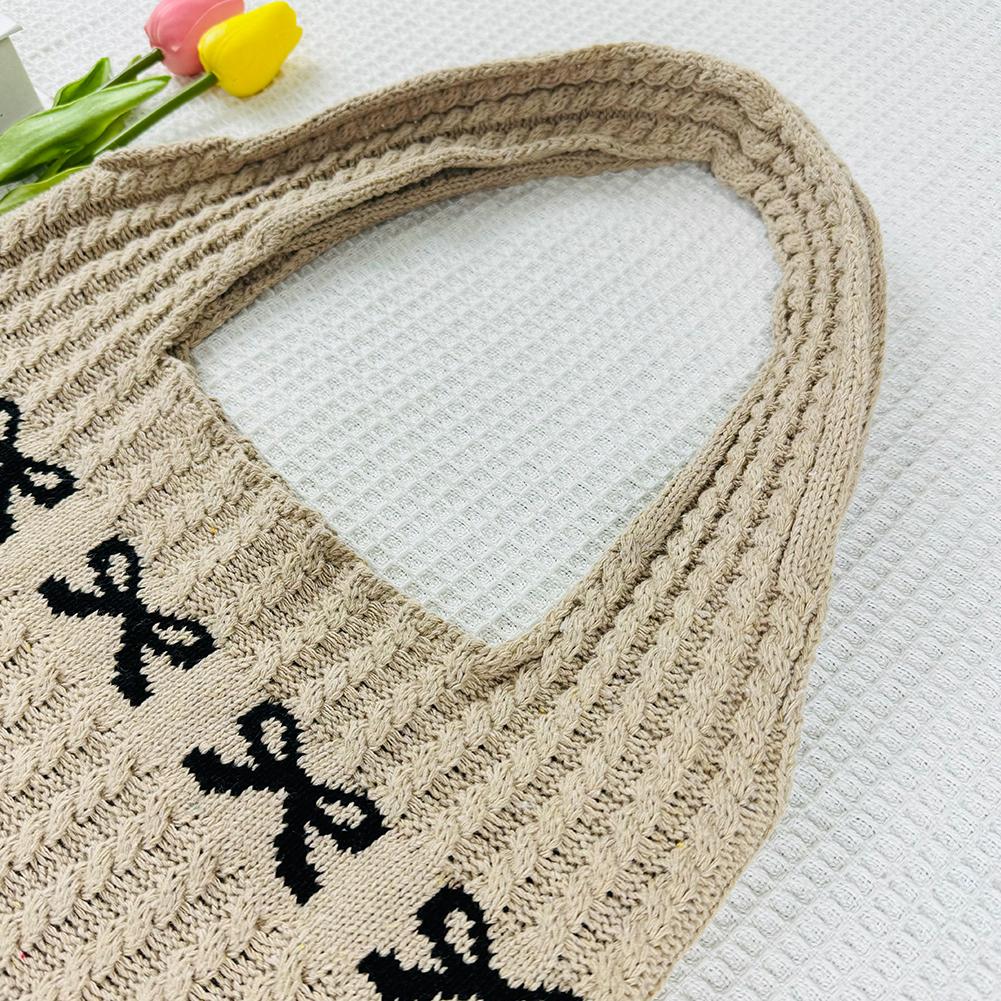 Women Crochet Shoulder Bag Large Capacity Bow Pattern Crochet Tote Bag Multifunctional Fashion Woven Bag for Shopping Traveling