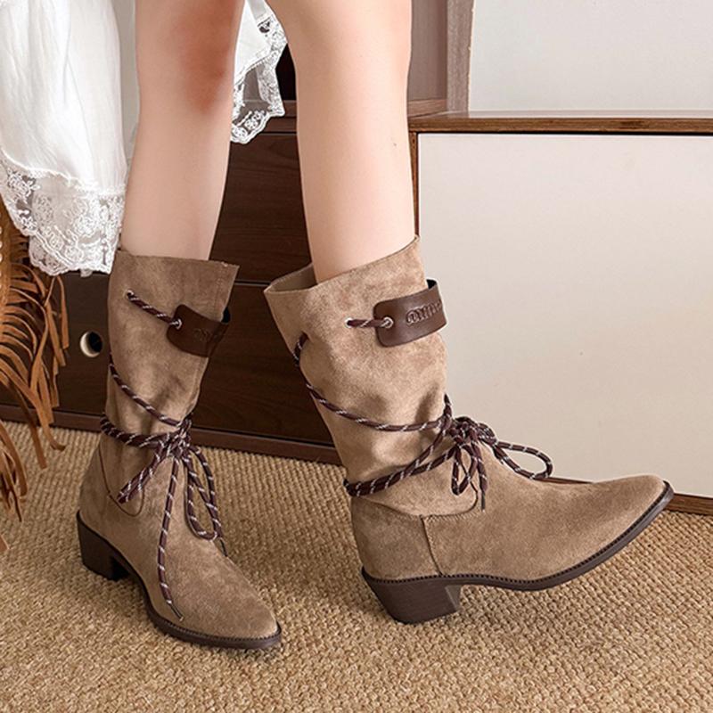 Fashion Autumn Winter Thick Heel Western Boots Women 2025 Sexy Pointed Toe Mid Calf Boots Woman Slip On Faux Suede Riding Botas Mujer