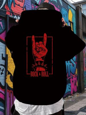 Rock & Roll Graphic Hoodie - Back Print Hooded Sweatshirt with Red Rock Hand Gesture