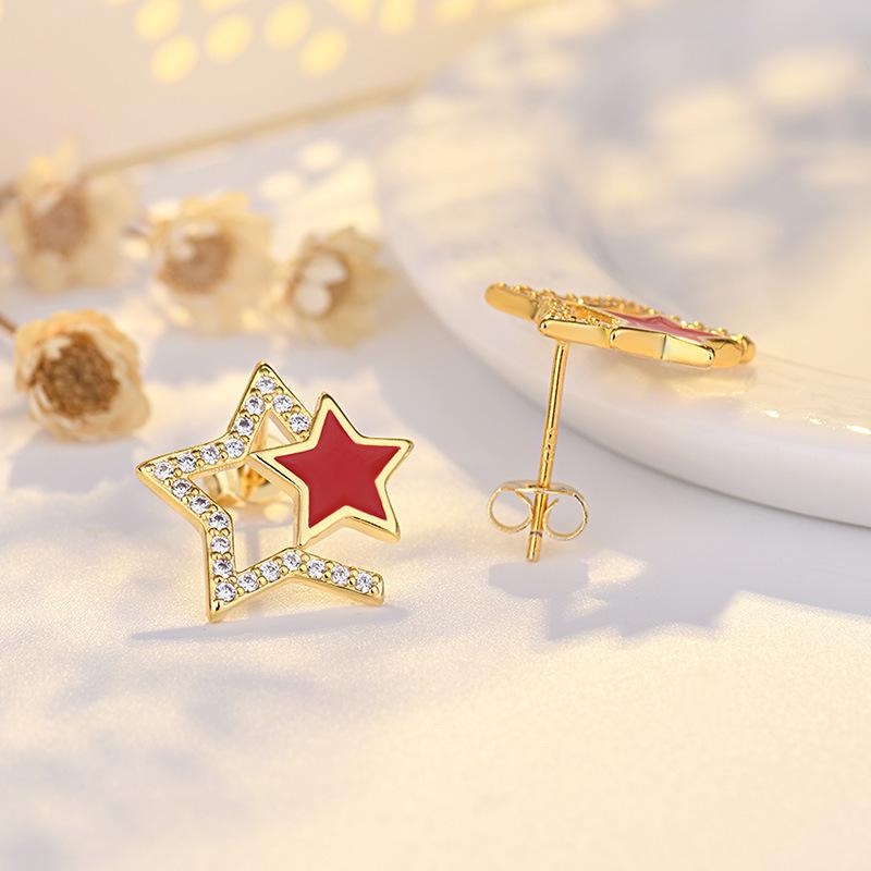 2026 Silver Needle Drip Oil Zircon Red Star Stud Earrings Korea Sweet Design Earrings Fashion Versatile Earrings