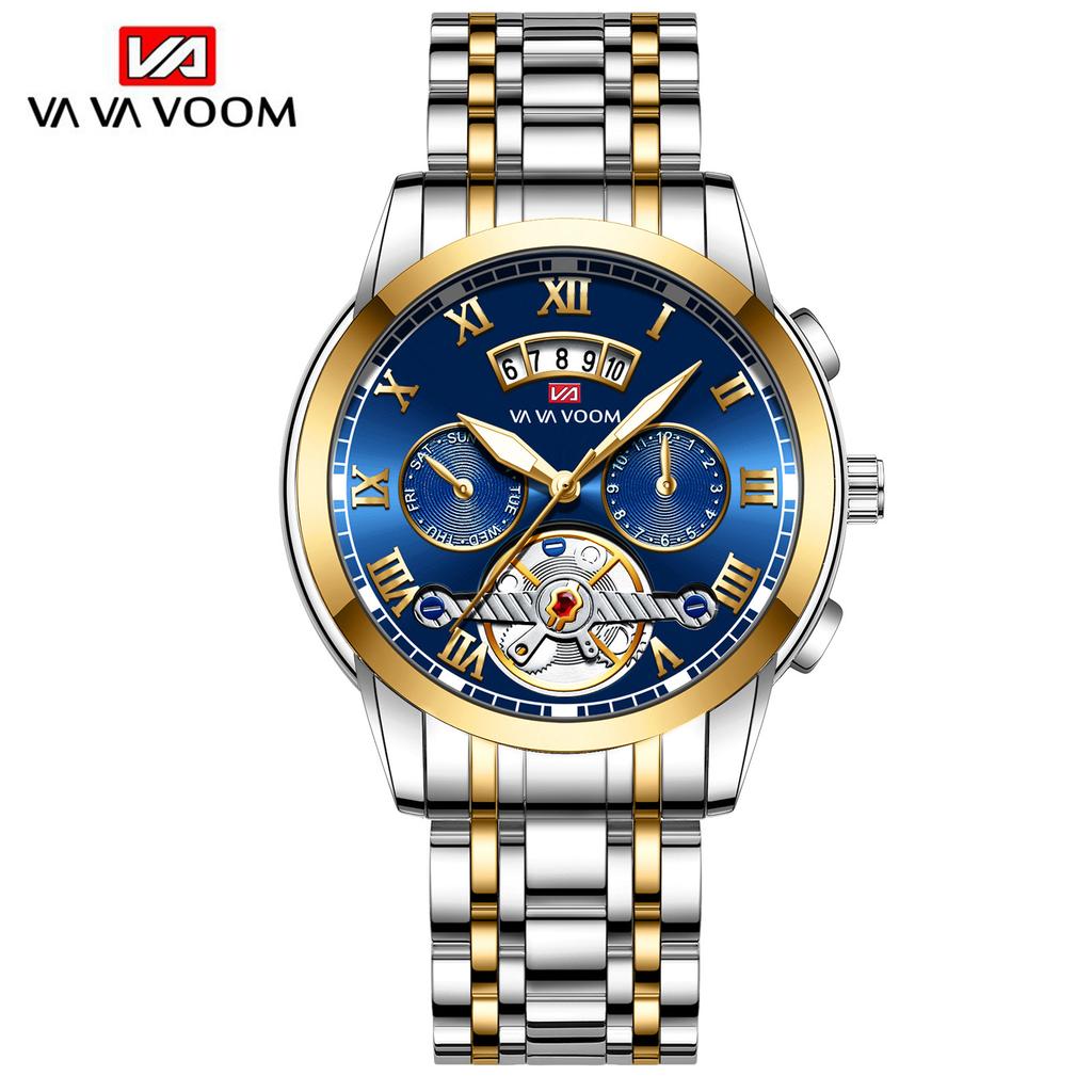 Men's Stainless Steel Tourbillon Watch Men's Student Quartz Watch Business Calendar Waterproof Steel Strap Watch Large Dial