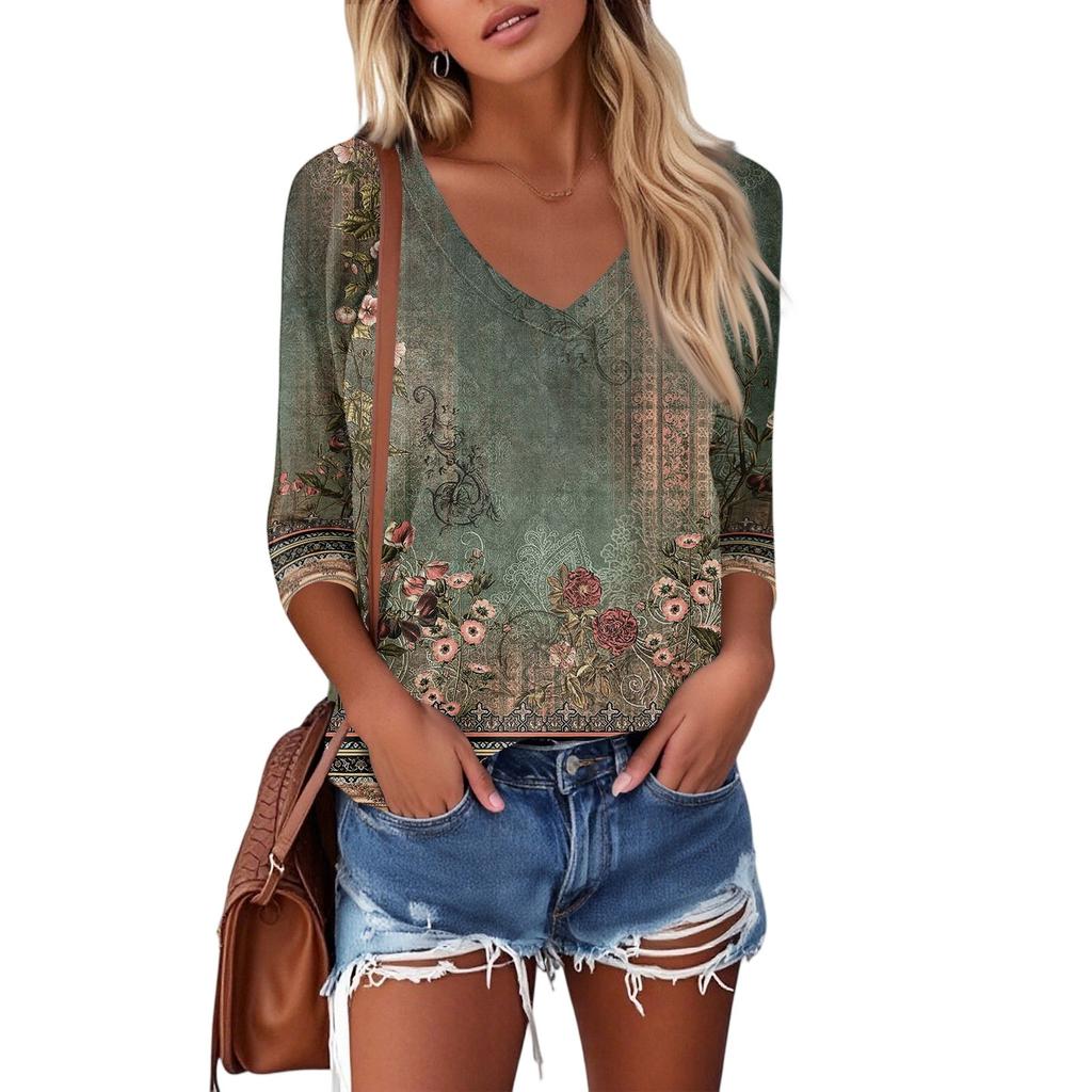 Women's V Neck 3/4 Sleeve Tops Casual T Shirts Basic Summer Tees Loose Fit Fall Pullover Tunic