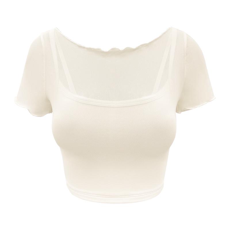 

Женский дышащий сетчатый топ для йоги с нагрудными вкладышами - Дизайн с короткими рукавами и имитацией двухслойности для фитнеса и активного отдыха. Large