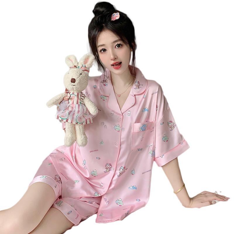 Japanese Style Home Pajamas Lapel Cartoon Short-Sleeved Shorts Ice Silk Thin Loungewear Set