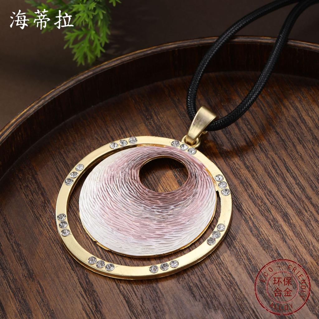 New Gradual Change Enamel Round Cake Leather Rope Long Pendant Women's Simple Fashion High Sense Ring Long Necklace