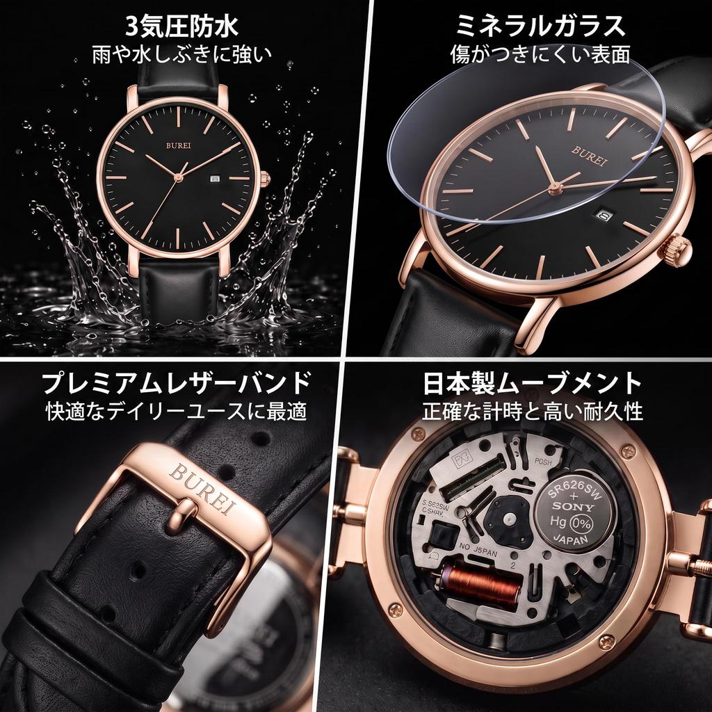 BUREI Japanese Quartz Date Popular Stainless Business Watch Men's Watch, Movement, Waterproof, Display, Black, Brand, Steel, Simple, Stylish,