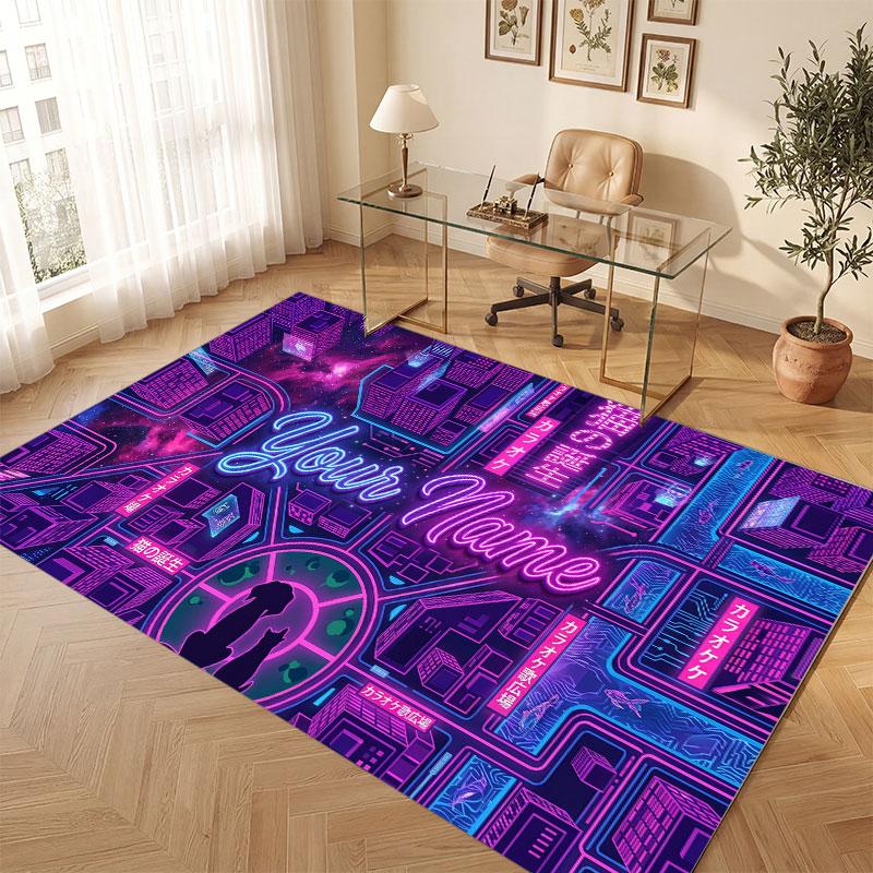 City Cyberpunk Theme Crystal Velvet Floor Rug Personalized Custom Name Text Warm Carpet Home Decoration