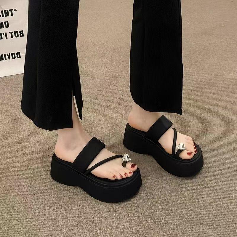 2025 New Elevated Round Toe Thick Heel Solid Color Summer Slipper Fashionable Open Toe Trendy Slip-On Shoe Small Fragrance Style