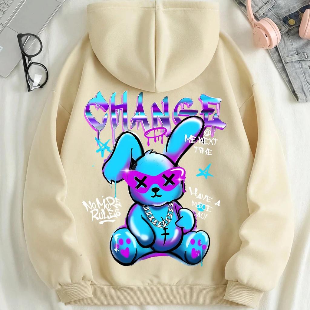 Módní mikina s potiskem kreslených králíčků Dámská móda Univerzální pouliční mikina s kapucí Kulatý výstřih Ležérní mikiny Pulovr Nadměrné oblečení