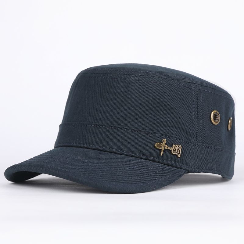 Spring And Autumn Casual Cap Metal Copper Label Short Brim Adjustable Flat Top Hat Cotton Deepened Men S Hat Outdoor Adjustable тёмно-синий