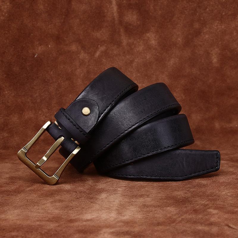 3.8Cm Wide Retro Hand-Polished Single-Layer Reflex First-Layer Cowhide Men'S Genuine Leather Pin Buckle Thickened Belt Men'S