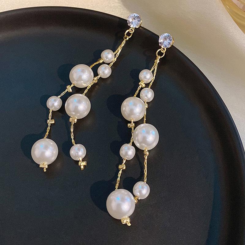 Imiation Pearl Long Tassel Dangle Earrings for Women Wedding Party Statement Jewelry Golden Rhinstones Trendy Drop Earrings