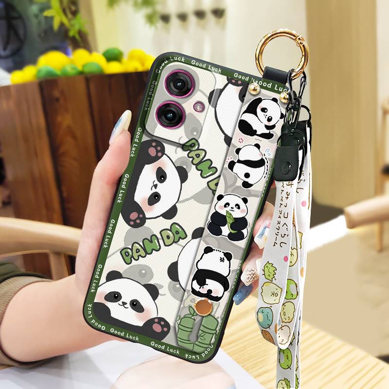 Phone Holder Wrist Strap Phone Case For MOTO G55 5G Fashion Design Wristband Panda Kickstand Cute Soft case Anti-dust