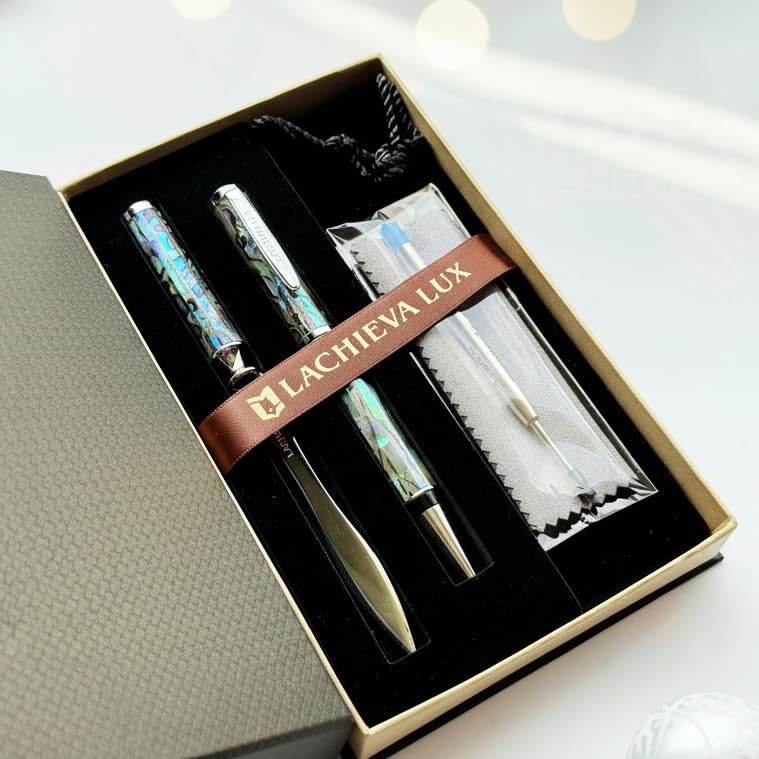 LACHIEVA LUX Luxury Abalone Shell Metal Ballpoint Pen and Shell Letter Opener Set, a Great Pen Gift for Men and Women