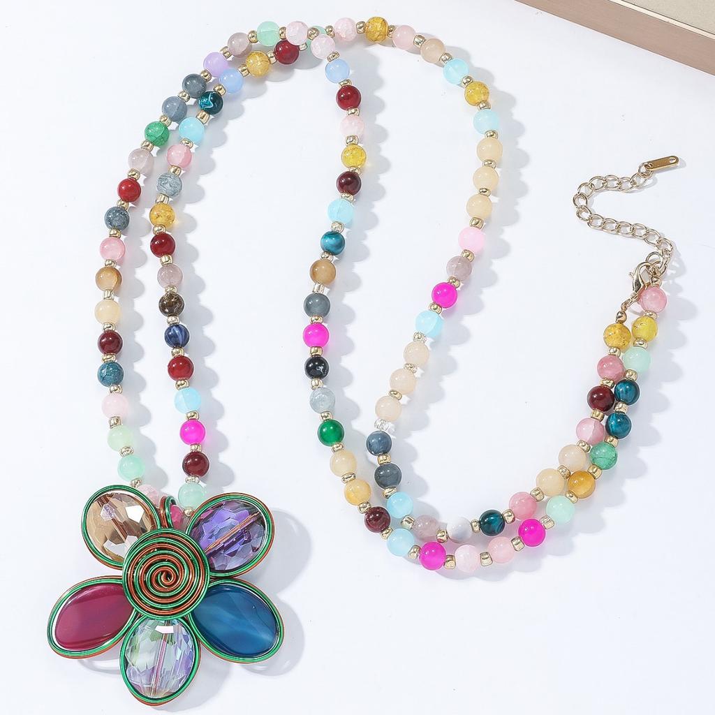 New fashion handmade aluminum wire glass flower multi-color beaded long necklace stackable sweater chain accessories