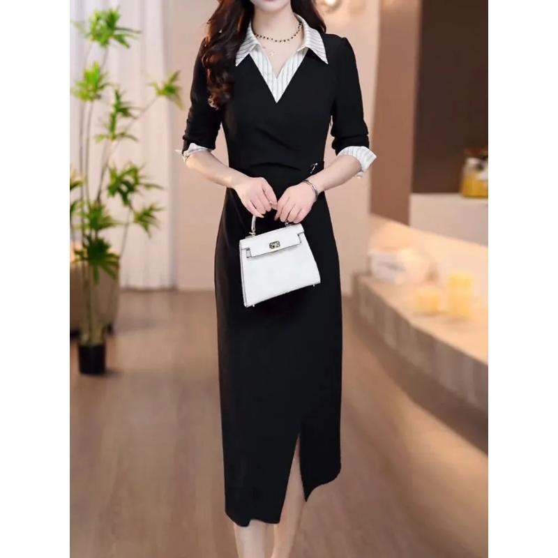 

Женское осеннее платье-рубашка миди с воротником, сборками на талии, разрезом, повседневное платье L чёрный