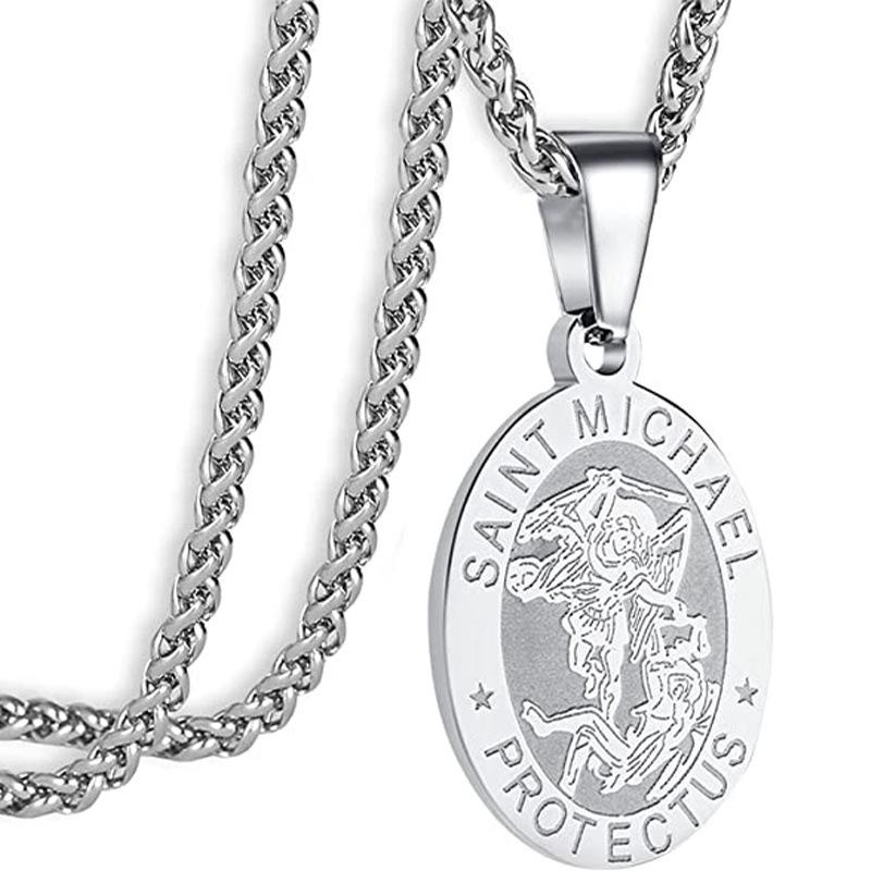 Vintage Oval Coin Pendant Necklace With St Michael Archangel Relief Design Unisex Jewelry