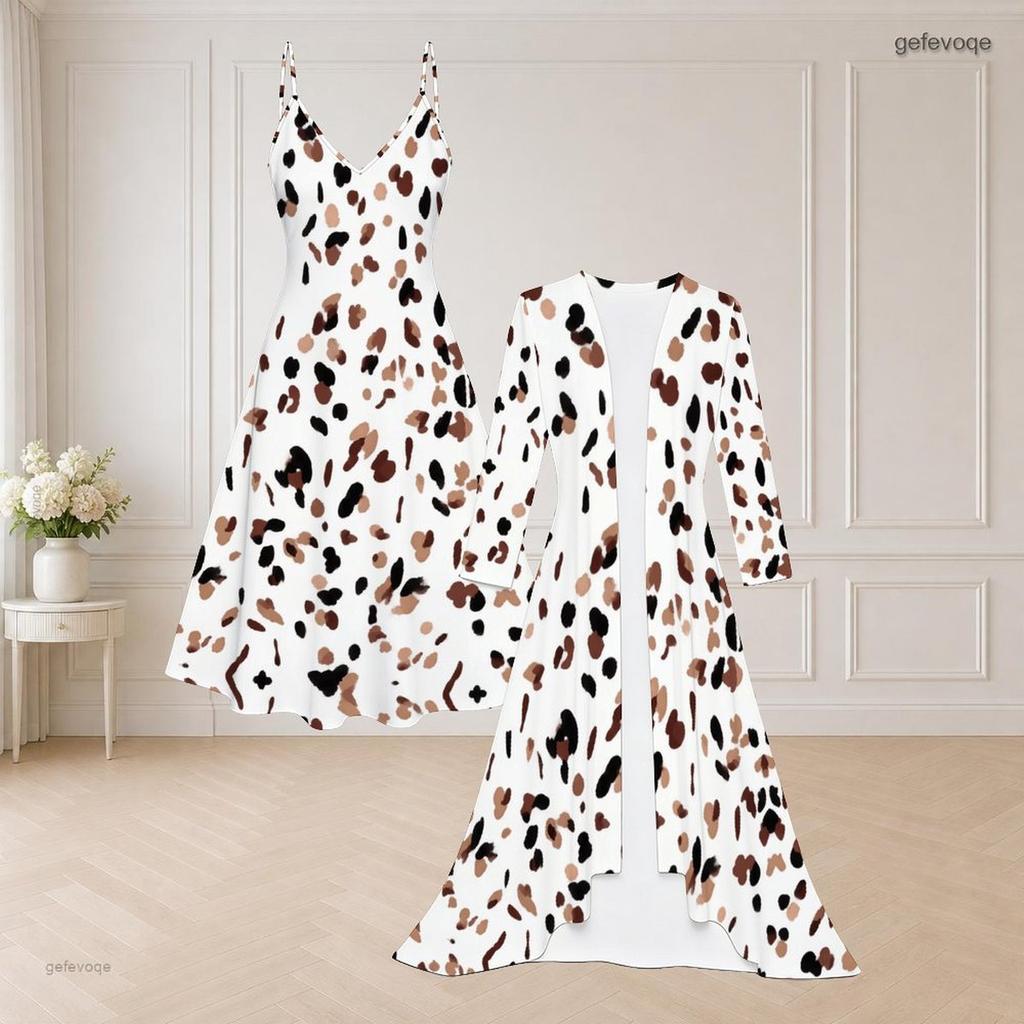 Women Plus Size Printed Two Piece Set V Neck Strappy Flared Dress Long Sleeve Open Front Long Cardigan