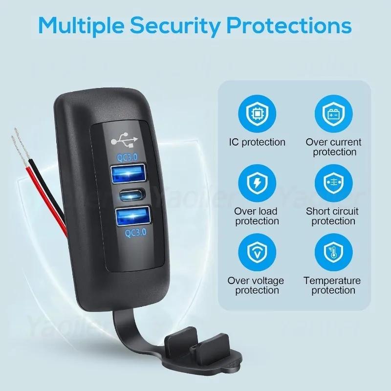 12V USB Outlet 66W Car Charger Socket 3 Ports Dual 18W QC3.0 Dual 30W PD3.0 Waterproof Power Outlet for Car Truck Golf RV Marine