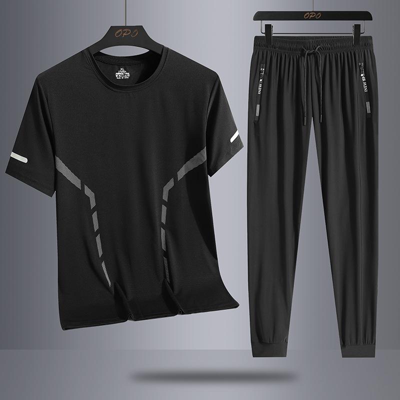 Men's Ice Silk Casual Sports Outdoor Loose Two Piece Set Breathable Quick Drying Round Neck T-shirt Pants