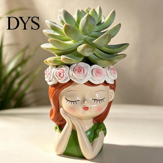Decorazione per la Casa Fantasiosa Vaso in Resina per Ragazza Carina, Vaso a Forma di Testa con Ghirlanda di Rose, Fioriera da Scrivania Contenitore Decorativo per Piante Grasse Cactus