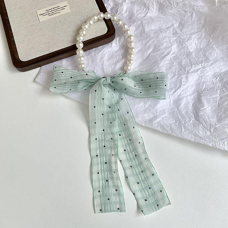 

New pearl necklace floral long headband small silk scarf women s spring and summer thin collarbone chain streamer bag decorative scarf