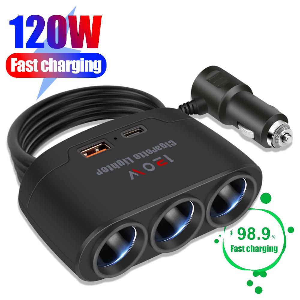 Car One Tow Three Power Dual USB Interface Splitter Car Charger 120W Multifunction Car Power Adapter Plug Cigarette Lighter