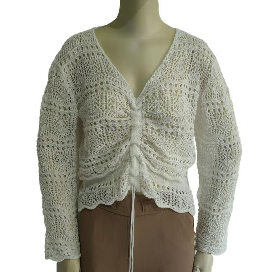 Women Cover Up Tops V-Neck Drawstring Design Long Sleeve Pullover Tops Solid Color Loose Fit Hollow Design Sunscreen Cover Up