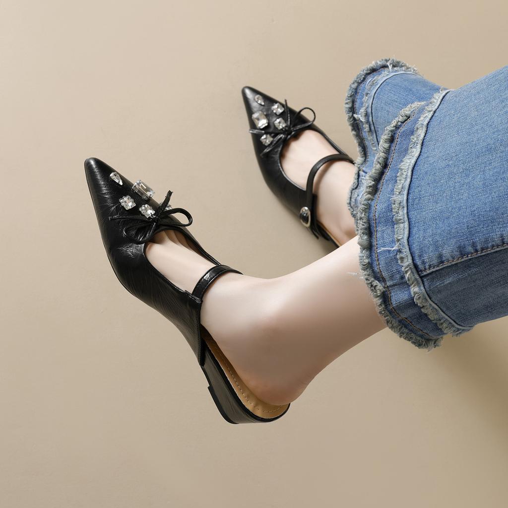 Weiwei Girl 966-2 French Pointed Sandals Woman One Word with Platform Bow Rhinestone Bag Head Half Slippers Woman