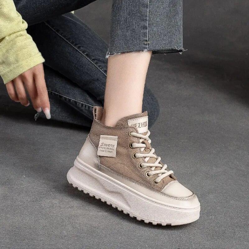 Johnature Flache Plateauschuhe aus echtem Leder zum Schnüren mit dicker Sohle, lässige, vielseitige Damenschuhe aus Rindsleder