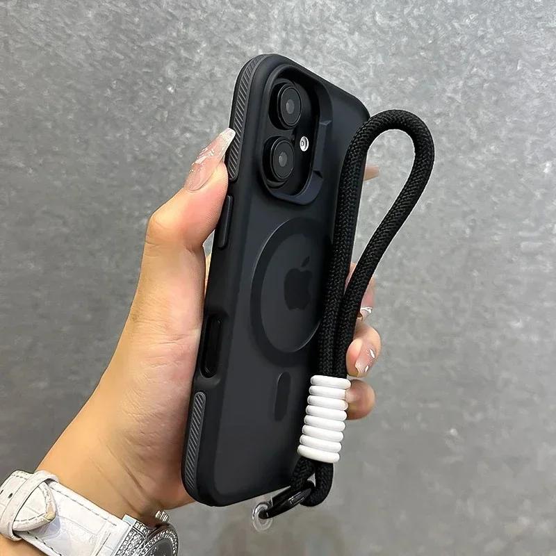 Luksusowe etui na telefon z smyczą, MagSafe, matowe, do iPhone 16 15 14 13 12 11 Pro Max 16 15 14 Plus, magnetyczny zderzak, tylne osłony