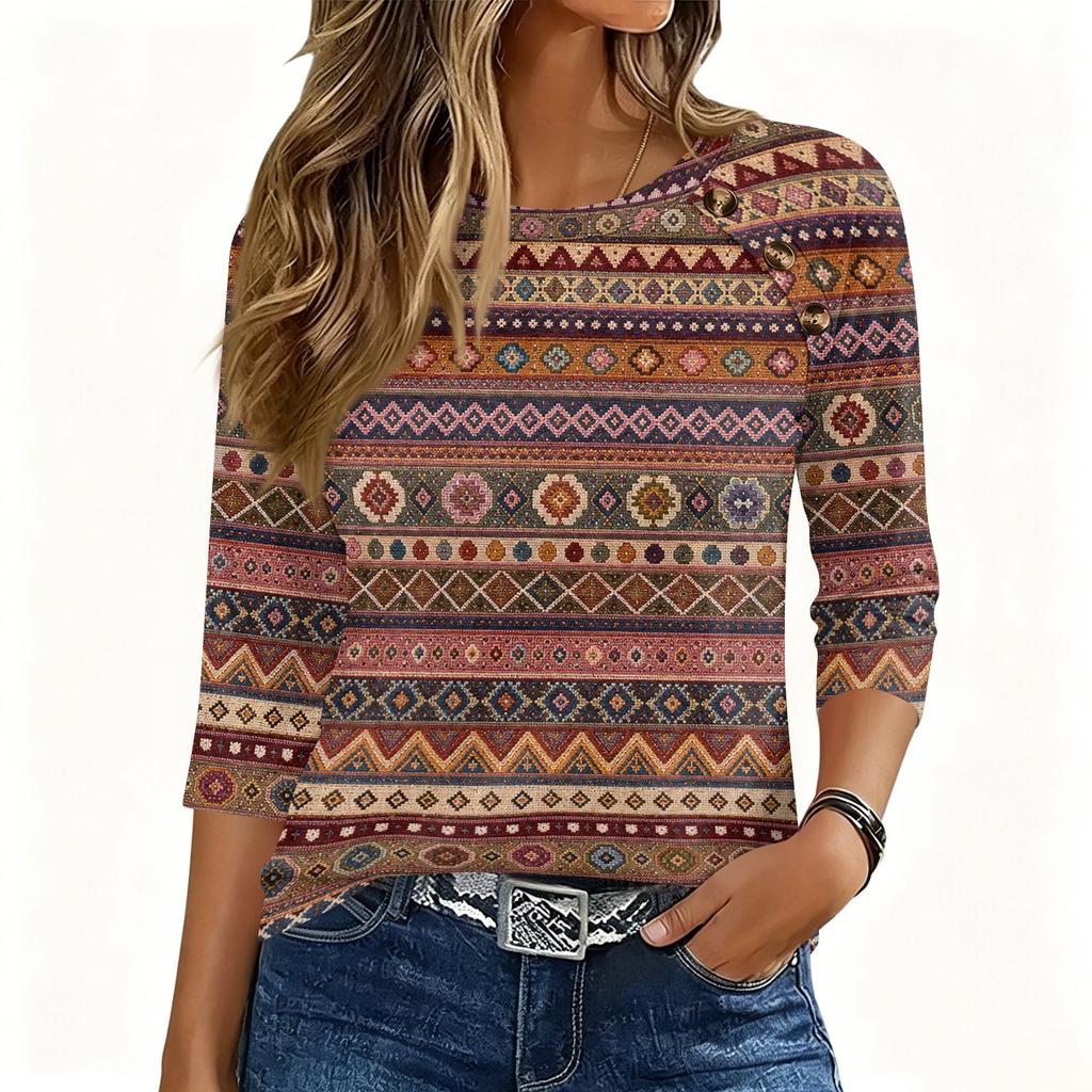 Womens 34 Sleeve Crew Neck Button T Shirt Geometric Pattern Pullover Casual Loose Fit Top for Daily Wear