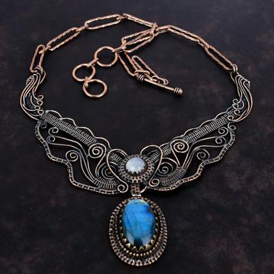 Labradorite Necklace Copper Wire Wrapped Necklace Rainbow Moonstone Gemstone Necklace Adjustable Chain Necklace Handmade Copper Wire Jewelry