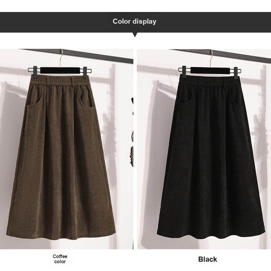 Autumn New Style Corduroy Midi A-Line Skirt for Women, High-Waisted, Slimming, Elastic Waist, Pleated Dress