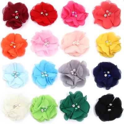 4pcs/lot 6cm Imitation Pearl Rhinestone Chiffon Fabric Flowers Handmade Artificial Flowers For Clothing Hairclip Decoration