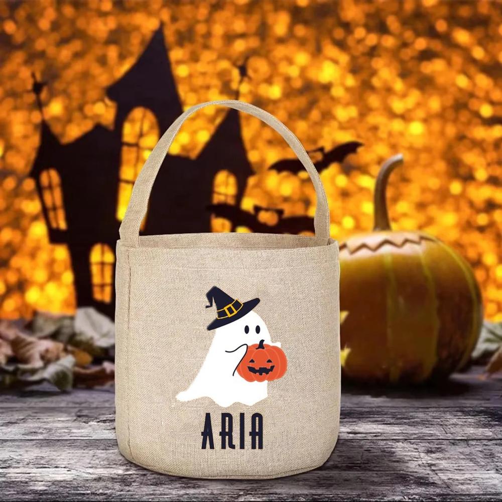 Personligiserad Trick or Treat-påse Halloween Spöklikt Spöke Godishink Gåva till Barn Söt Boo-korg Roliga Festdekorationstillbehör