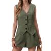 Women's Solid Color Sleeveless Blazer Vest and High Waisted Shorts Set V Neck Button Front Pocket Design