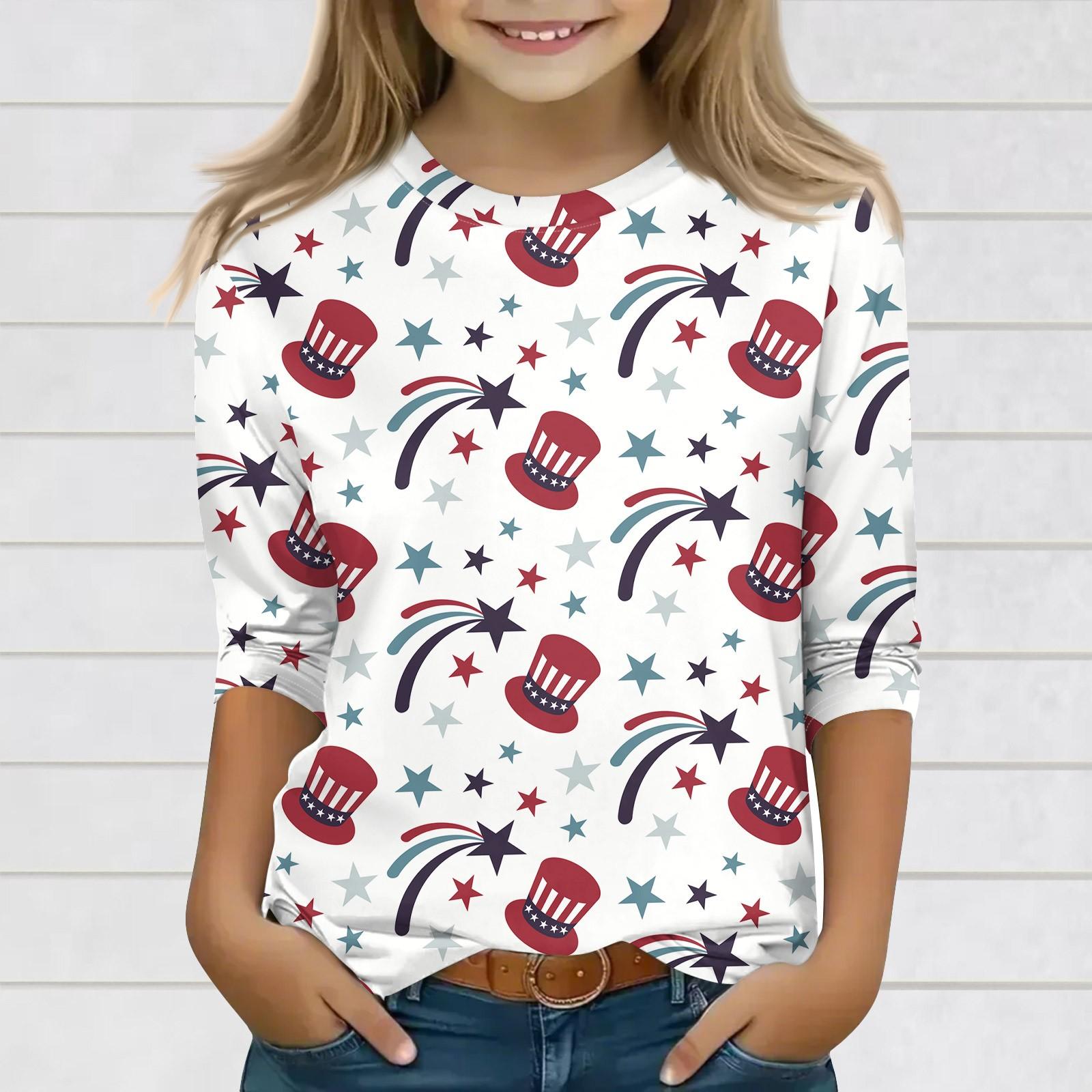 

Топы с принтом для девочек 3-10 лет с круглым вырезом и рукавами 3/4 Футболки Модные топы Наряды Футболки 130