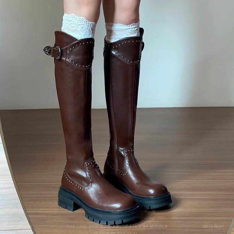 "Blue Cabinet" Punk Cyber~ Tall Knight Boots Women's Sweet Cool Wind Round Head Thick Heel But Knee Long Boots Increase Height