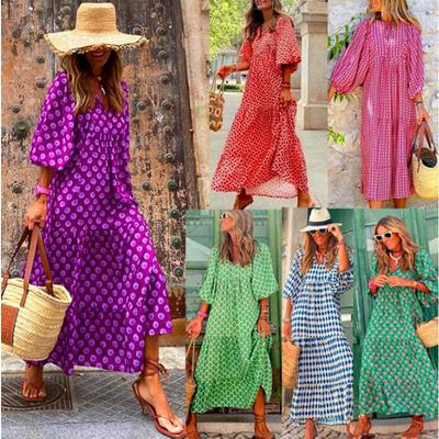Loose Fit Casual Summer V Neck Half Sleeve Bohemian Layered Geometric Pattern Maxi Long Dresses Plus Size Patchwork Puff Sleeve Dress