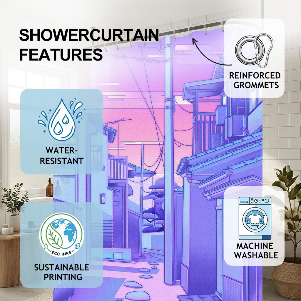 Japanese Anime Street Shower Curtain - Creative Aesthetic Purple City Art - Indoor Home Bathroom Decor Artistic Bath Curtain