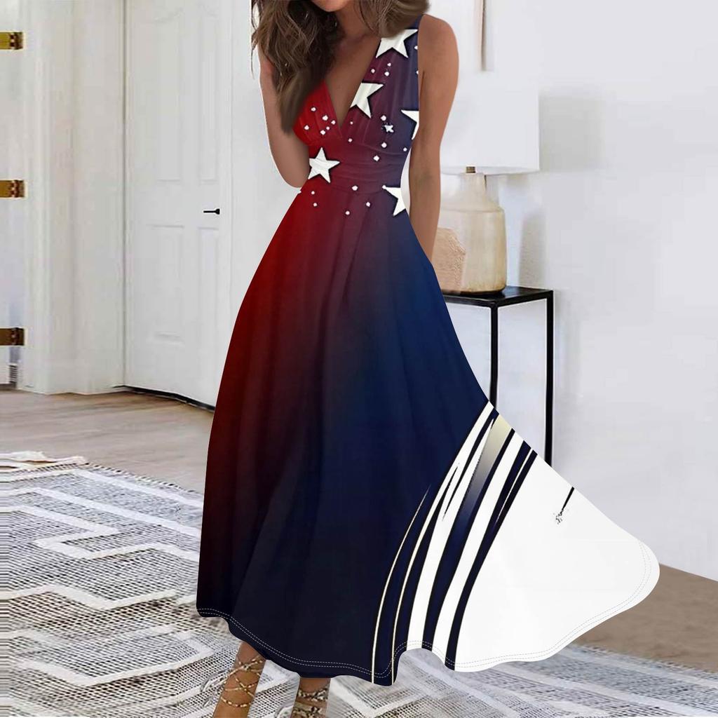Women's Fashion Casual Loose V Neck Sleeveless Independence Day Printed Long Dresses