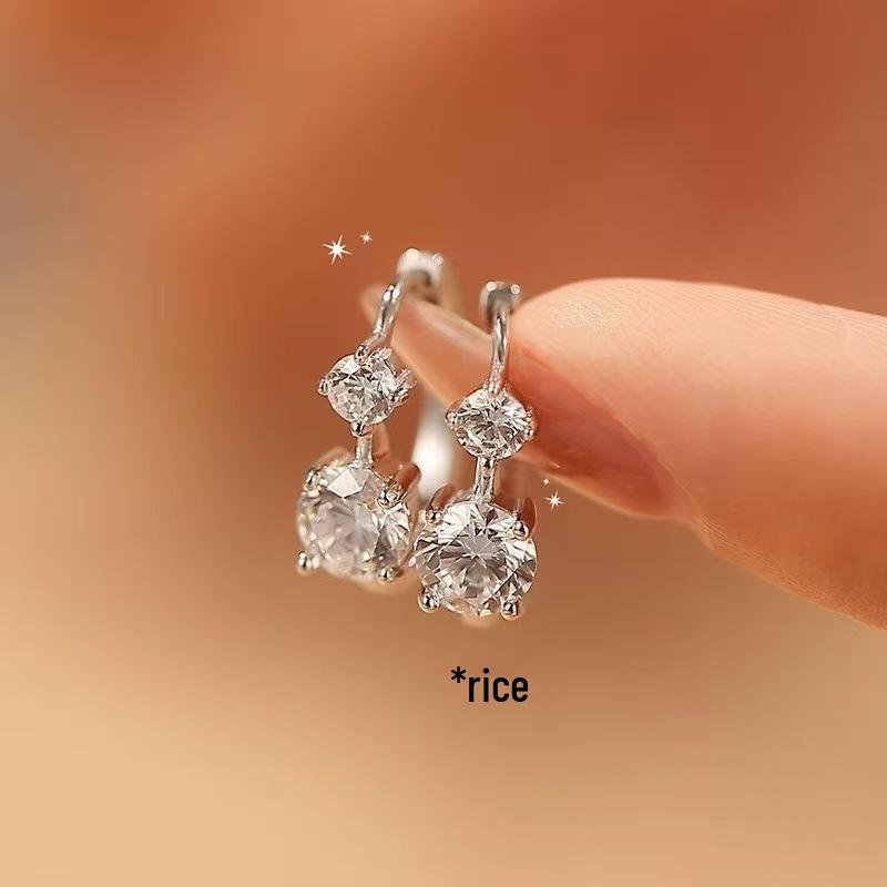 Genuine S925 Sterling Silver Double Diamond Moissanite Earrings Plated In 18K White Gold - Light Luxury Cold Style Hoops & Studs