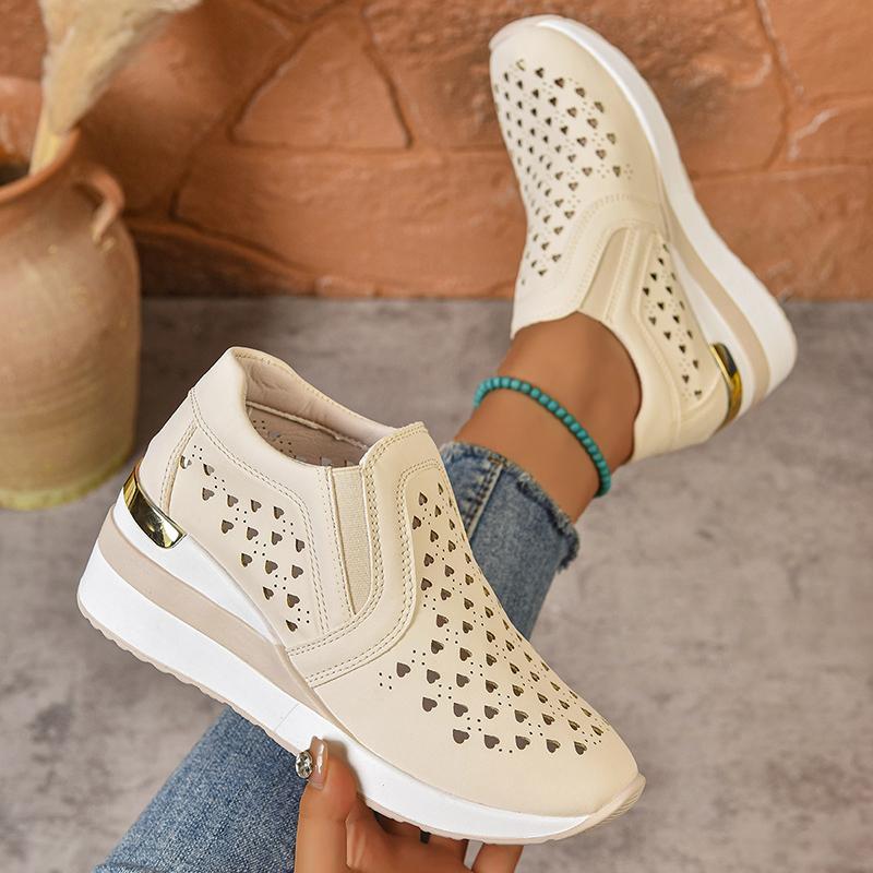 2026 New Hollow Out Wedges Sneakers Women Plus Size Pu Leather Thick Sole Loafers Woman Slip On Breathable Casual Shoes Female