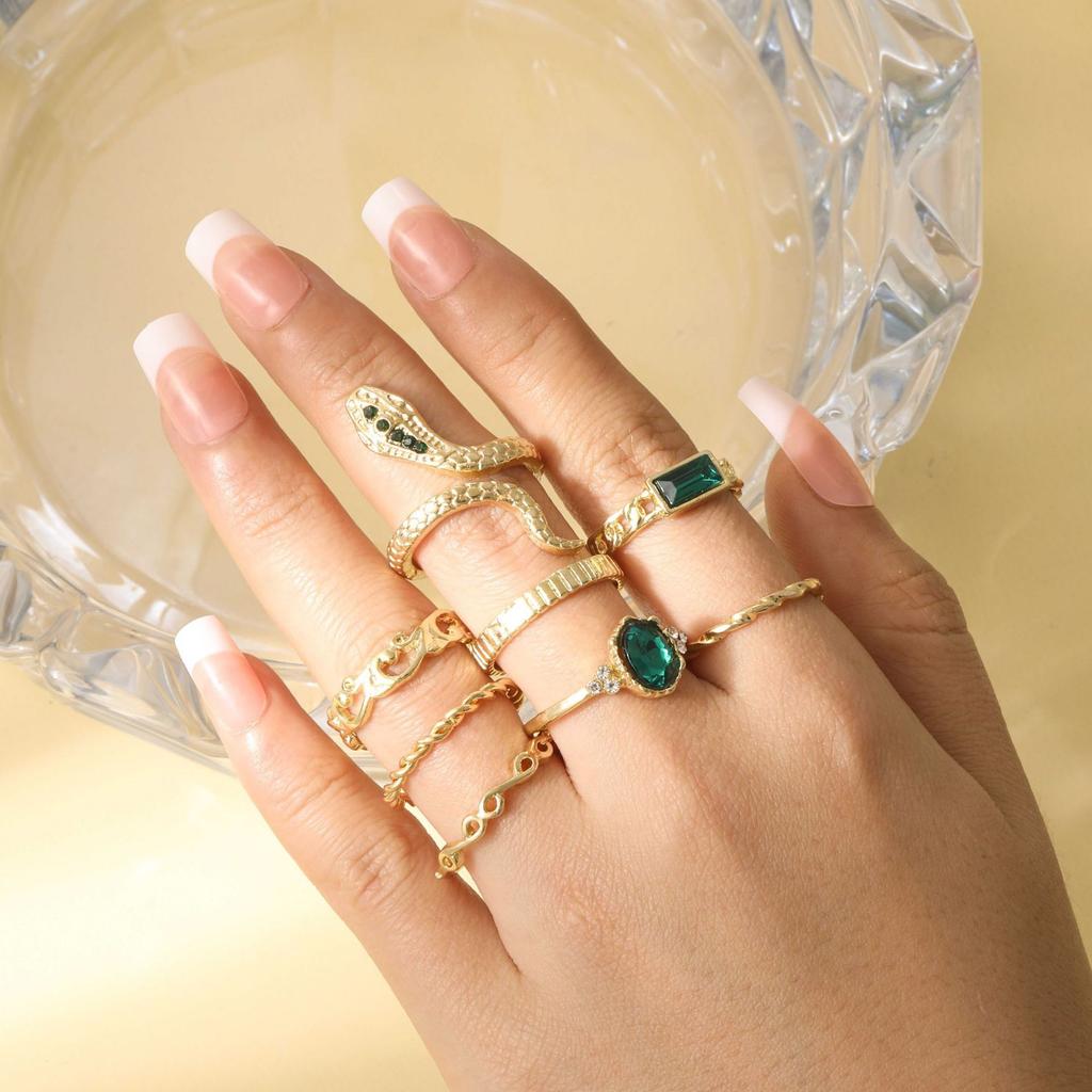 8PCSSet Of Fashionable And Retro Imitation Gemstone Snake-Shaped Twisted Rings For Women, Retro Wave Geometric Inlaid Rhinestone