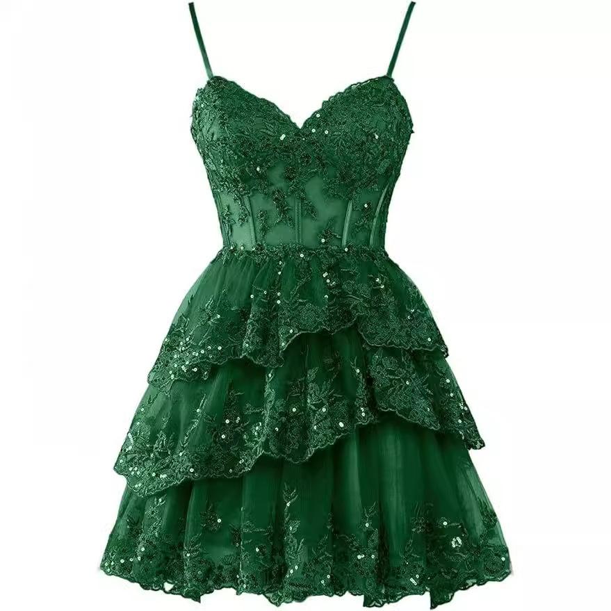 Dress Thin Shoulder Strap Tulle Layered Alumni Dress Short Shiny Lace Corset Layered Formal Party