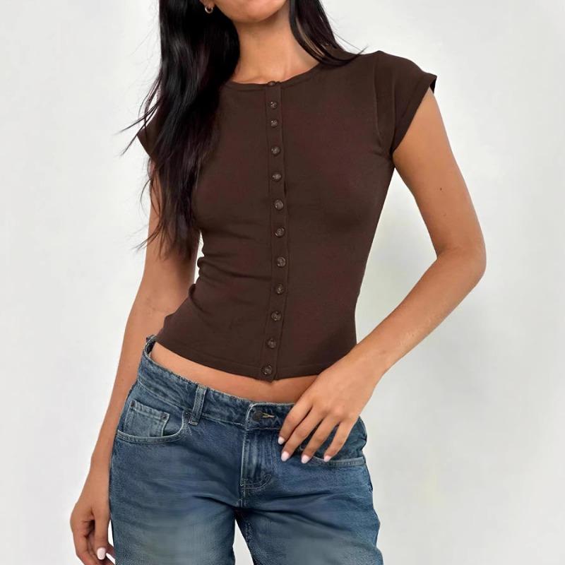 Summer New Women s Elegant Short-sleeved Slim Button Knitted T-shirt Top S коричневый